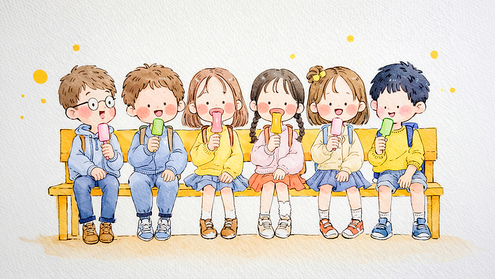 JPG 어린이 벤치 일러스트 아이스크림 수채화 웃음 여러명 여름 소풍 즐거움 국내일러스트 AI일러스트 AI콘텐츠 계절 감정 다수 의자 디저트 표정 사람 야외활동 파일형식