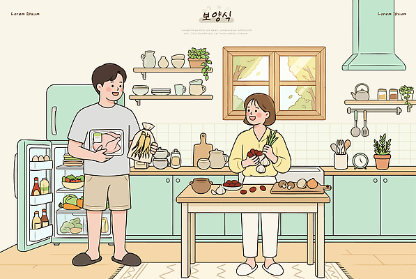 여자 남자 음식 일러스트 식재료 주방용품 주택 함께함 건강 요리 취미 일상 생활 주방 준비 만들기 보양식 요리중 손질 백숙 국내일러스트 AI파일 생활용품 컨셉 모션 사람 건물 라이프 몸보신 파일형식 벡터 건축물 오브젝트 보신 건축
