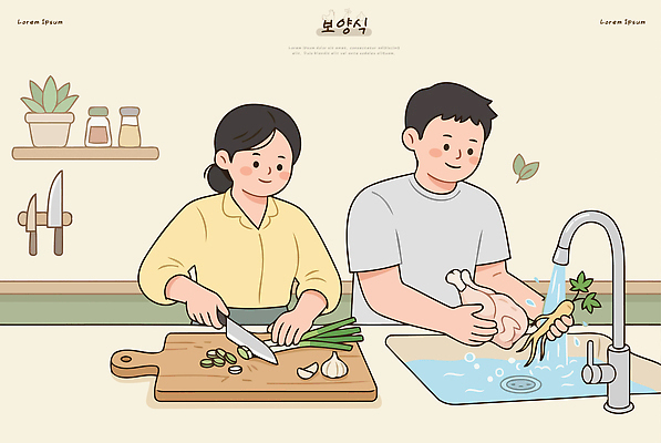 손 여자 남자 음식 채소 일러스트 재료 가정 함께함 요리 일상 주방 식사 칼 씻기 준비 보양식 다듬기 백숙 국내일러스트 AI파일 컨셉 모션 사람 라이프 신체부위 청결 몸보신 파일형식 벡터 생활 위생 보신