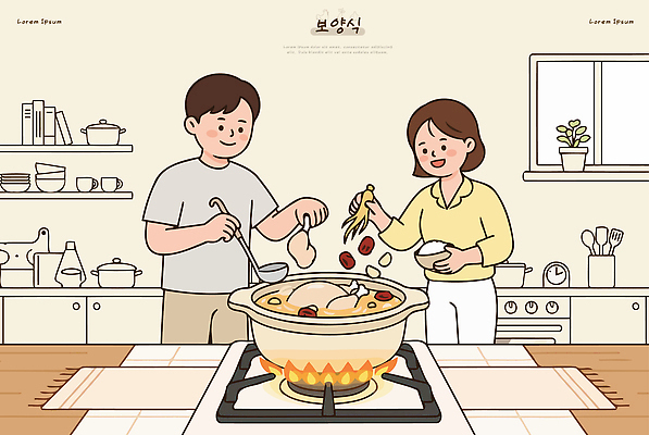 여자 남자 음식 일러스트 재료 가족 함께함 요리 두명 생활 주방 냄비 준비 보양식 요리중 계량 백숙 국내일러스트 AI파일 컨셉 관계 모션 사람 솥 몸보신 파일형식 벡터 주방용품 보신 생활용품 오브젝트