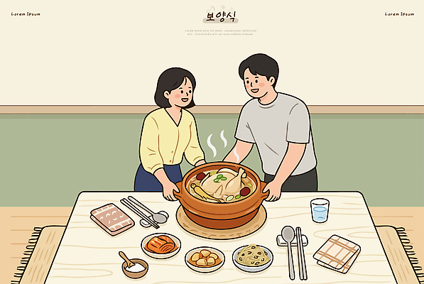 여자 남자 한식 음식 일러스트 탁자 함께함 건강 요리 여러명 식사 맛 즐거움 준비 보양식 국물 백숙 국내일러스트 AI파일 감정 가구 다수 컨셉 사람 몸보신 파일형식 벡터 생활용품 보신 오브젝트