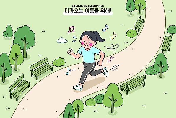 나무 공원 음악 운동화 벤치 일러스트 건강 사람 여름 조깅 운동 헬스 힘 에너지 즐거움 힐링 여름맞이 국내일러스트 AI파일 식물 계절 공공시설 감정 신발 의자 문화예술 파일형식 벡터 여름_계절
