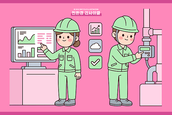 여자 남자 산업 일러스트 통계 표시 그래프 관리 환경 모니터 자료 재활용 장비 업무 작업 직원 확인 시스템 과정 점검 관리자 국내일러스트 AI파일 컨셉 사람 컴퓨터 친환경 파일형식 벡터