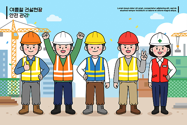 여자 교육 남자 건축 일러스트 협력 직장 관리 안전 여러명 건물 여름 기계 장비 건설현장 조끼 작업 구조물 안전모 헬멧 기중기 안전수칙 규칙 작업자 국내일러스트 AI파일 건축물 계절 다수 회사 건설업 사람 외투 중장비 안전장비 보호장비 파일형식 벡터
