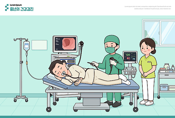 중년 일러스트 의학 의료기기 건강 병원 치료 진료 환자 간호사 의사 침대 검사 건강검진 내시경 국내일러스트 AI파일 가구 성인 의료진 파일형식 벡터 직업 생활용품 사람 오브젝트