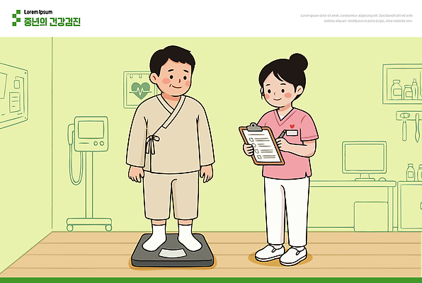 남자 중년 일러스트 의학 건강 병원 대화 건강관리 진료 환자 간호사 기록 몸무게 직원 측정 상담 건강검진 상담실 체크리스트 국내일러스트 AI파일 관리 말하기 사람 성인 의료진 검사 파일형식 벡터