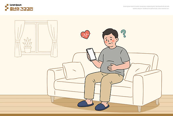 남자 중년 생각 일러스트 주택 표정 건강 생활 핸드폰 소파 스크린 맥박 불안 고민 걱정 건강검진 반응 심각 국내일러스트 AI파일 감정 컨셉 의자 의학 사람 성인 건물 전자제품 검사 파일형식 벡터