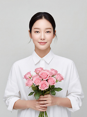 JPG 편집이미지 여자 꽃 꽃다발 포즈 미소 사람 앞모습 장미 의료성형뷰티 편집실사 AI인물포토 AI콘텐츠 식물 뷰포인트 표정 CG 파일형식 AI포토