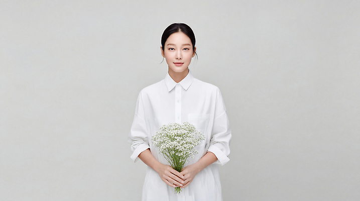 JPG 편집이미지 여자 기념일 꽃 꽃다발 포즈 셔츠 밝음 미소 사람 흰색 의료성형뷰티 편집실사 AI인물포토 AI콘텐츠 식물 컬러 상의 표정 이벤트 CG 파일형식 AI포토 옷