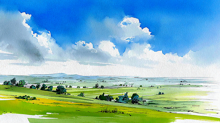 JPG 나무 일러스트 자연 하늘 수채화 풍경 초원 여름 맑음 시골 그림 평원 국내일러스트 AI일러스트 AI콘텐츠 식물 계절 날씨 생태계 파일형식