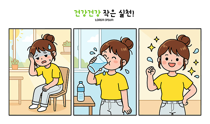 여자 감정 의자 일러스트 건강 피곤 웃음 앉기 일상 물 마시기 생수 습관 실천 국내일러스트 AI파일 자연요소 가구 컨셉 모션 표정 사람 라이프 물병 파일형식 벡터