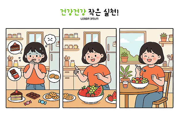 여자 행복 음식 과일 일러스트 디저트 건강 쿠키 케이크 초콜릿 샐러드 선택 고민 습관 실천 국내일러스트 AI파일 감정 컨셉 사람 파일형식 벡터