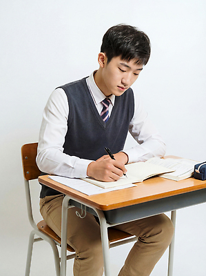 JPG 편집이미지 학생 교육 남자 교복 학교 청소년 고등학생 수업 책 학습 공책 기록 집중 책상 의료성형뷰티 편집실사 AI인물포토 AI콘텐츠 옷 가구 컨셉 문구용품 사람 CG 파일형식 AI포토