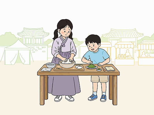 전통 문화 어린이 음식 일러스트 재료 가족 놀이 탁자 떡 한국 요리 성인 체험 한복 만들기 단오제 국내일러스트 AI파일 한국전통 아시아 가구 컨셉 관계 모션 사람 전통의상 파일형식 벡터 나라 생활용품 오브젝트