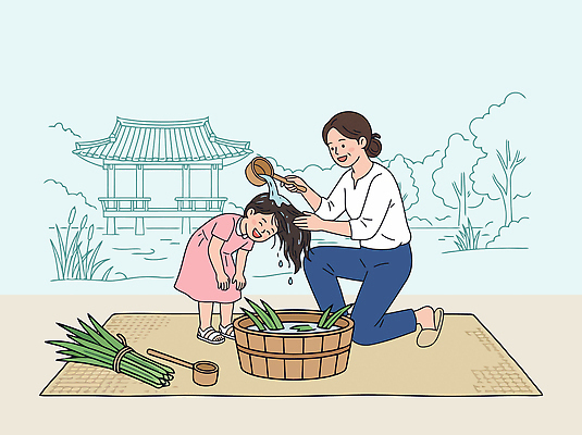 전통 여자 딸 어린이 채소 일러스트 가족 엄마 물줄기 야외 건물 물 여름 머리 바구니 귀여움 체험 씻기 머리감기 단오제 창포 국내일러스트 AI파일 자연요소 식물 건축물 계절 컨셉 관계 사람 신체부위 청결 파일형식 벡터 건축 위생