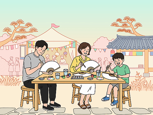 전통 여자 남자 문화 어린이 예술 일러스트 가족 놀이 탁자 야외 장식 물감 붓 색칠 부채 그리기 그림 단오제 국내일러스트 AI파일 가구 관계 모션 사람 미술도구 파일형식 벡터 생활용품 오브젝트
