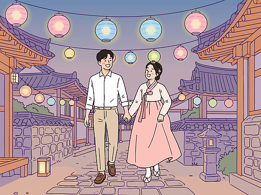여자 남자 행복 문화 가로등 일러스트 조명 거리 주택 사랑 풍경 두명 걷기 등불 저녁 한복 한옥마을 단오제 돌길 국내일러스트 AI파일 한국전통 공공시설 감정 길 모션 한옥 사람 건물 마을 밤 야간 전통의상 파일형식 벡터 자연요소 전통 건축물 고건축 한국 시설 건축 아시아 나라