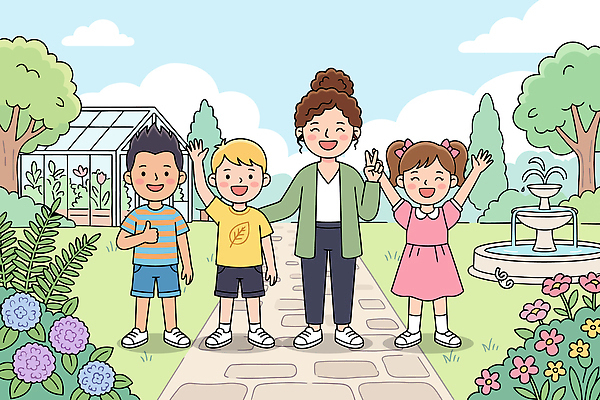 식물 여자 교육 남자 감정 어린이 관계 표정 사람 신체부위 야외활동 교사 파일형식 벡터 정원 성인 놀이 손 웃음 나무 꽃 길 즐거움 친구 행복 소풍 일러스트 국내일러스트 AI파일 소녀 소년 과학선생님 견학 식물원