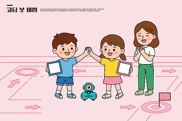 교육 어린이 일러스트 협력 기술 친구 학습 태블릿 체험 로봇 즐거움 실습 맞대기 안내자 창의력 프로그램 코딩 국내일러스트 AI파일 감정 컨셉 관계 모션 사람 전자제품 스마트기기 컴퓨터교육 파일형식 벡터