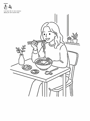 그릇 여자 한식 음식 라인일러스트 일러스트 젓가락 창문 식탁 탁자 요리 일상 꽃병 식사 면류 국수 혼족 국내일러스트 AI파일 식기 꽃 가구 수저 사람 라이프 싱글라이프 파일형식 벡터 식물 라이프스타일 생활용품 생활 오브젝트