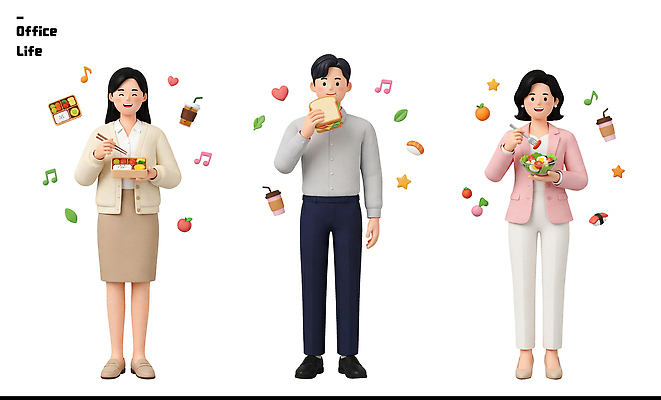 PSD 편집이미지 캐릭터 여자 남자 음식 과일 샌드위치 사람 일상 사무실 샐러드 점심 편집3D 비즈니스 라이프 3D 파일형식