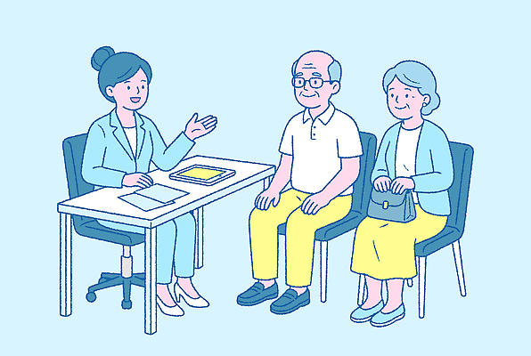 여자 노년 행복 의자 일러스트 대화 노부부 실버 상담원 질문 상담 실버타운 상담실 응답 국내일러스트 AI파일 부부 감정 가구 말하기 사람 성인 사무원 파일형식 벡터