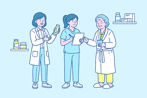 노년 행복 일러스트 건강 설명 치료 약 환자 간호사 실버 약국 서비스 실버타운 약사 처방전 보건 국내일러스트 AI파일 감정 의학 모션 성인 의료진 파일형식 벡터
