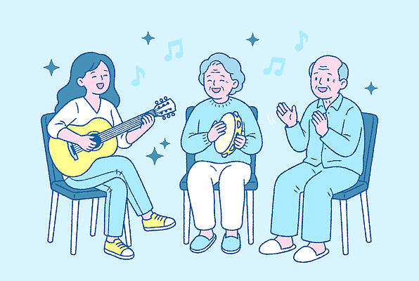 노년 행복 악기 음악 연주 일러스트 노래 앉기 기타 봉사 실버 손뼉 실버타운 리듬 국내일러스트 AI파일 감정 모션 현악기 문화예술 성인 도움 파일형식 벡터