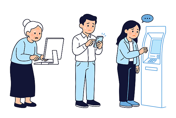 여자 노년 남자 일러스트 안전 청년 금융 스마트폰 컴퓨터 ATM 국내일러스트 AI파일 사람 성인 경제 전자제품 핸드폰 스마트기기 파일형식 벡터
