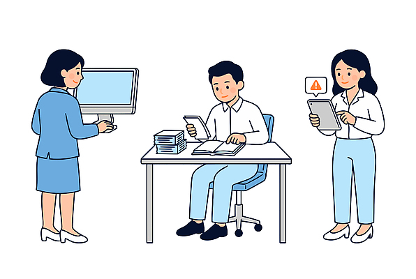가구 회사 비즈니스 사람 경제 전자제품 스마트기기 작업 파일형식 벡터 사무실 직원 컴퓨터 태블릿 문서 업무 직장 사무용가구 자료 일러스트 국내일러스트 AI파일 안전 금융 남자 여자