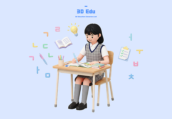 학생 옷 교육 가구 컨셉 청소년 문구용품 학용품 사람 필기구 펜 3D 오브젝트 파일형식 여자 학습 책상 책 아이디어 공책 연필 형광펜 시험 체크리스트 집중 편집이미지 편집3D PSD 교복 고등학생