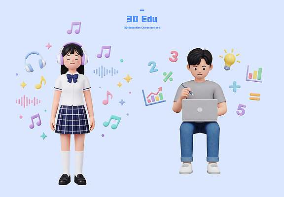 PSD 편집이미지 캐릭터 학생 여학생 여자 교육 남자 교복 음악 남학생 고등학생 수업 노트북 학습 3D 헤드폰 집중 창의력 편집3D 옷 음향기기 컨셉 청소년 문화예술 사람 전자제품 디지털합성 파일형식