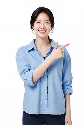 JPG 편집이미지 라이프스타일 여자 포즈 셔츠 미소 웃음 사람 일상 파란색 가리킴 의료성형뷰티 편집실사 AI인물포토 AI콘텐츠 컬러 상의 표정 손짓 라이프 생활 CG 파일형식 AI포토
