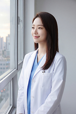 JPG 편집이미지 여자 생각 의학 표정 의사 창가 의료성형뷰티 편집실사 AI인물포토 AI콘텐츠 창문 사람 의료진 CG 파일형식 AI포토