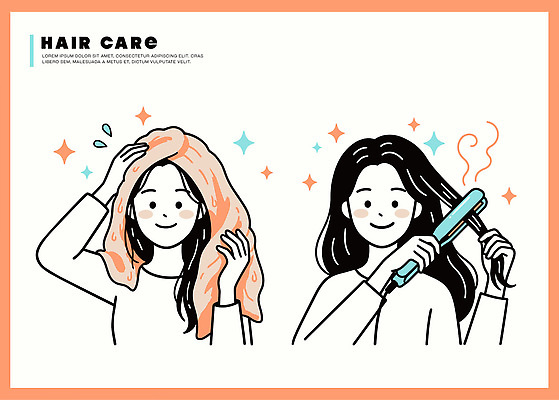 긴머리 여자 일러스트 건강 일상 수건 뷰티 머리카락 머리 도구 준비 머리손질 손질 헤어관리 고데기 머리말리기 방법 스타일링 스타일 국내일러스트 AI파일 헤어스타일 사람 라이프 신체부위 위생용품 헤어용품 파일형식 벡터