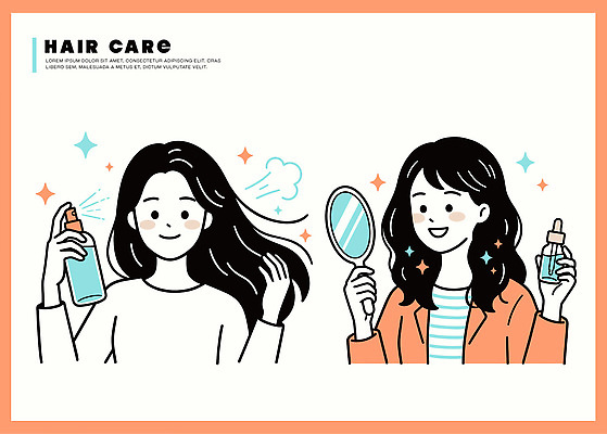 응시 여자 일러스트 관리 웃음 두명 뷰티 머리카락 뿌리기 손거울 스프레이 머리손질 헤어관리 헤어스프레이 스타일 헤어에센스 국내일러스트 AI파일 시선 모션 표정 사람 머리 거울 헤어용품 에센스 파일형식 벡터 신체부위 화장품 미용용품 오브젝트