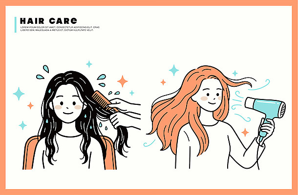 여자 일러스트 건조 건강 관리 뷰티 머리카락 도구 미용실 머리손질 헤어관리 머리감기 머리말리기 스타일링 핸드드라이어 국내일러스트 AI파일 사람 머리 청결 뷰티샵 드라이어 파일형식 벡터