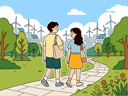나무 공원 꽃 길 일러스트 자연 대화 웃음 친구 걷기 환경 친환경 집열판 풍력기 국내일러스트 AI파일 식물 공공시설 관계 모션 표정 말하기 풍력에너지 생태계 태양에너지 파일형식 벡터
