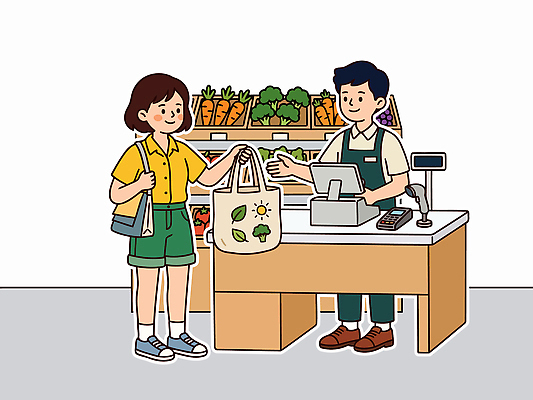 채소 가방 일러스트 쇼핑 장보기 상점 거래 구매 계산대 고객 직원 친환경 에코백 국내일러스트 AI파일 잡화 환경 에코 파일형식 벡터