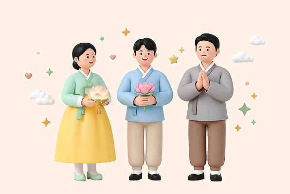 PSD 편집이미지 전통 꽃 별 불교 한국 연꽃 사람 세명 부처님오신날 한복 부처 편집3D 자연요소 식물 한국전통 기념일 아시아 종교 3D 전통의상 파일형식