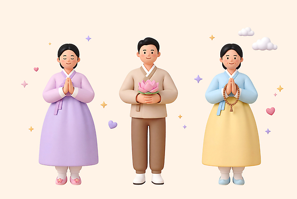 PSD 편집이미지 전통 여자 남자 꽃 불교 한국 사람 부처님오신날 한복 부처 합장 편집3D 식물 한국전통 기념일 아시아 종교 손짓 3D 전통의상 파일형식