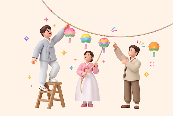 PSD 편집이미지 전통 여자 남자 불교 사다리 함께함 장식 부처님오신날 등불 한복 부처 편집3D 한국전통 기념일 종교 컨셉 조명 사람 3D 도구 전통의상 파일형식