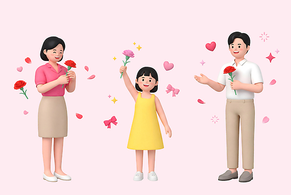 PSD 편집이미지 꽃 행복 어린이 분홍색 가족 엄마 사랑 부모 기쁨 자녀 축하 아빠 어린이날 어버이날 가정의달 편집3D 식물 기념일 감정 컬러 컨셉 관계 사람 3D 5월 파일형식 이벤트 날짜 디지털합성