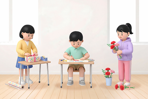 PSD 편집이미지 꽃 어린이 꽃다발 포장 선물 친구 방 스승의날 즐거움 그림 만들기 편집3D 식물 기념일 감정 관계 모션 사람 3D 파일형식