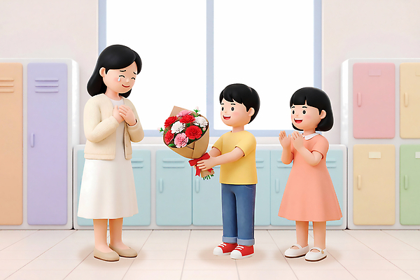 PSD 편집이미지 학생 행복 어린이 꽃다발 교실 선물 성인 교사 기쁨 축하 인사 스승의날 감사 편집3D 직업 교육 기념일 꽃 감정 컨셉 학교 사람 3D 예절 파일형식