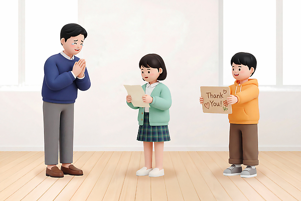 PSD 편집이미지 학생 행복 어린이 대화 서기 손짓 성인 교사 인사 스승의날 감사 나무바닥 편집3D 직업 기념일 감정 모션 바닥 말하기 사람 3D 예절 파일형식