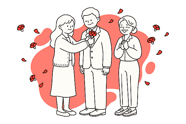 여자 남자 꽃잎 꽃 행복 일러스트 가족 기념 선물 사랑 웃음 사람 이벤트 부모 기쁨 자녀 축하 어버이날 카네이션 국내일러스트 AI파일 식물 기념일 감정 컨셉 관계 표정 파일형식 벡터