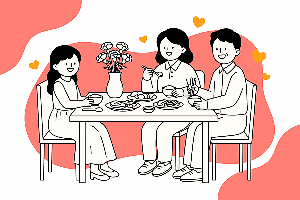 여자 남자 꽃 행복 음료 음식 일러스트 가족 탁자 대화 웃음 여러명 식사 어버이날 카네이션 국내일러스트 AI파일 식물 기념일 감정 가구 다수 관계 표정 말하기 사람 파일형식 벡터