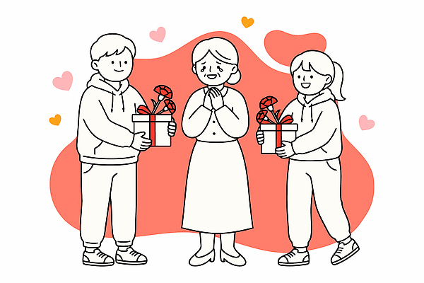여자 남자 꽃 행복 할머니 일러스트 가족 따뜻함 선물 사랑 기쁨 축하 추억 어버이날 손주 카네이션 감사 국내일러스트 AI파일 식물 기념일 노년 감정 컨셉 관계 사람 파일형식 벡터