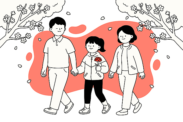 나무 여자 남자 꽃잎 꽃 행복 어린이 일러스트 가족 엄마 함께함 웃음 손잡기 봄 산책 아빠 어버이날 카네이션 국내일러스트 AI파일 식물 계절 기념일 감정 컨셉 관계 모션 휴식 표정 사람 파일형식 벡터